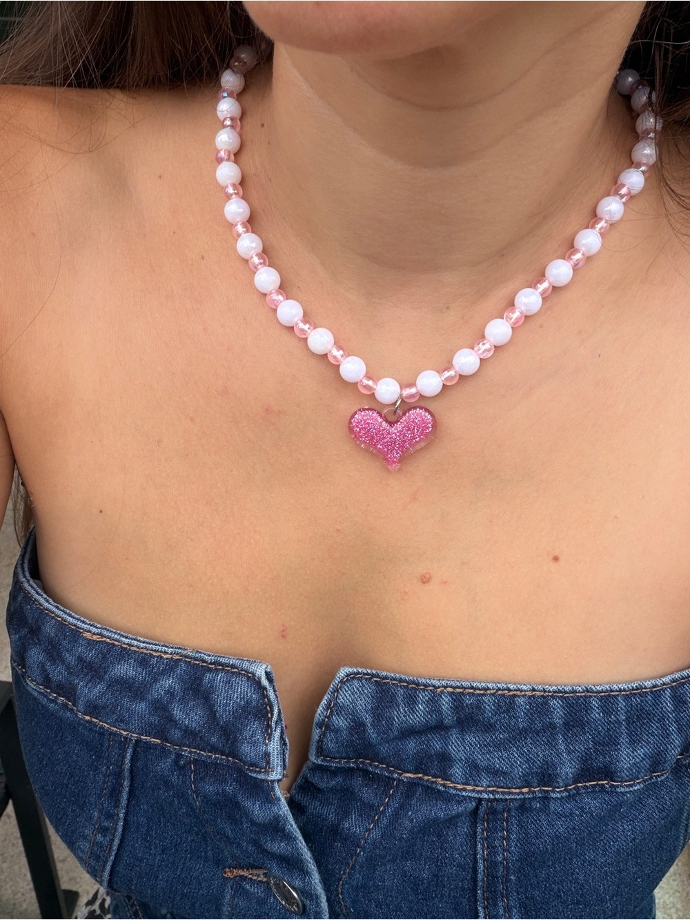 Pink Heart Pendant Beaded Necklace - Women Jewelry